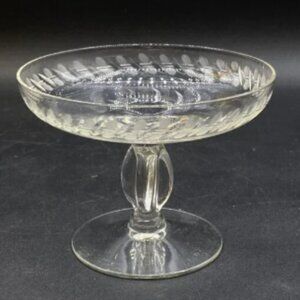 Antique Pedestal Footed Stem Tazza Compote Etched Glass Design 3.5” X 4.5”